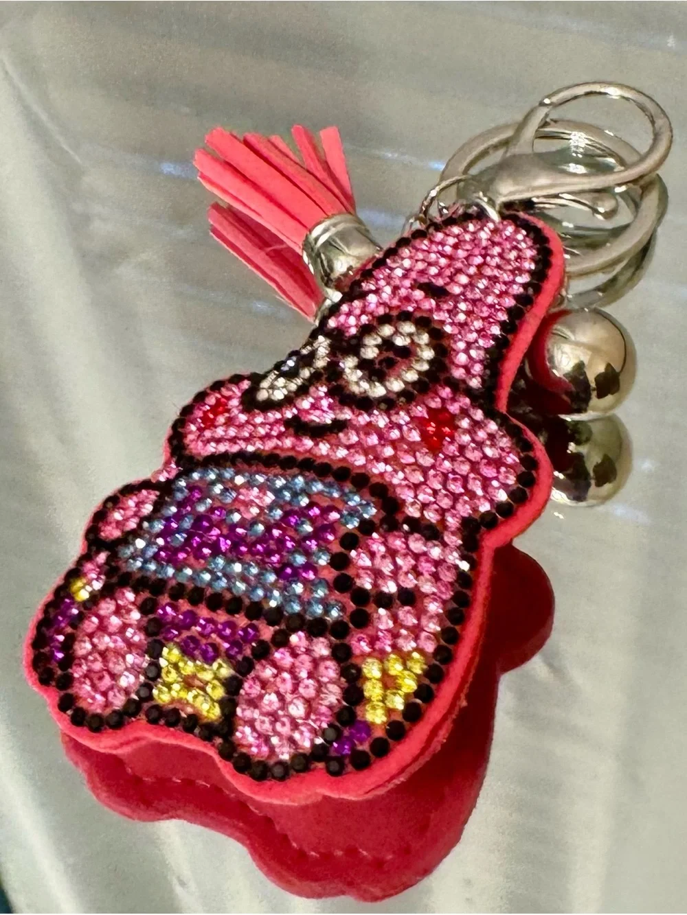 New Crystal-Embellished Pink Patrick Keychain  with Tassel